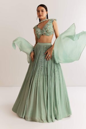 Celestial Mint Green French Tissue Pleated Lehenga