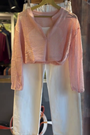 Blush Pink Sheer Textured Overshirt with White Tank and Wide-Leg Linen Pants Combo 🌸👖