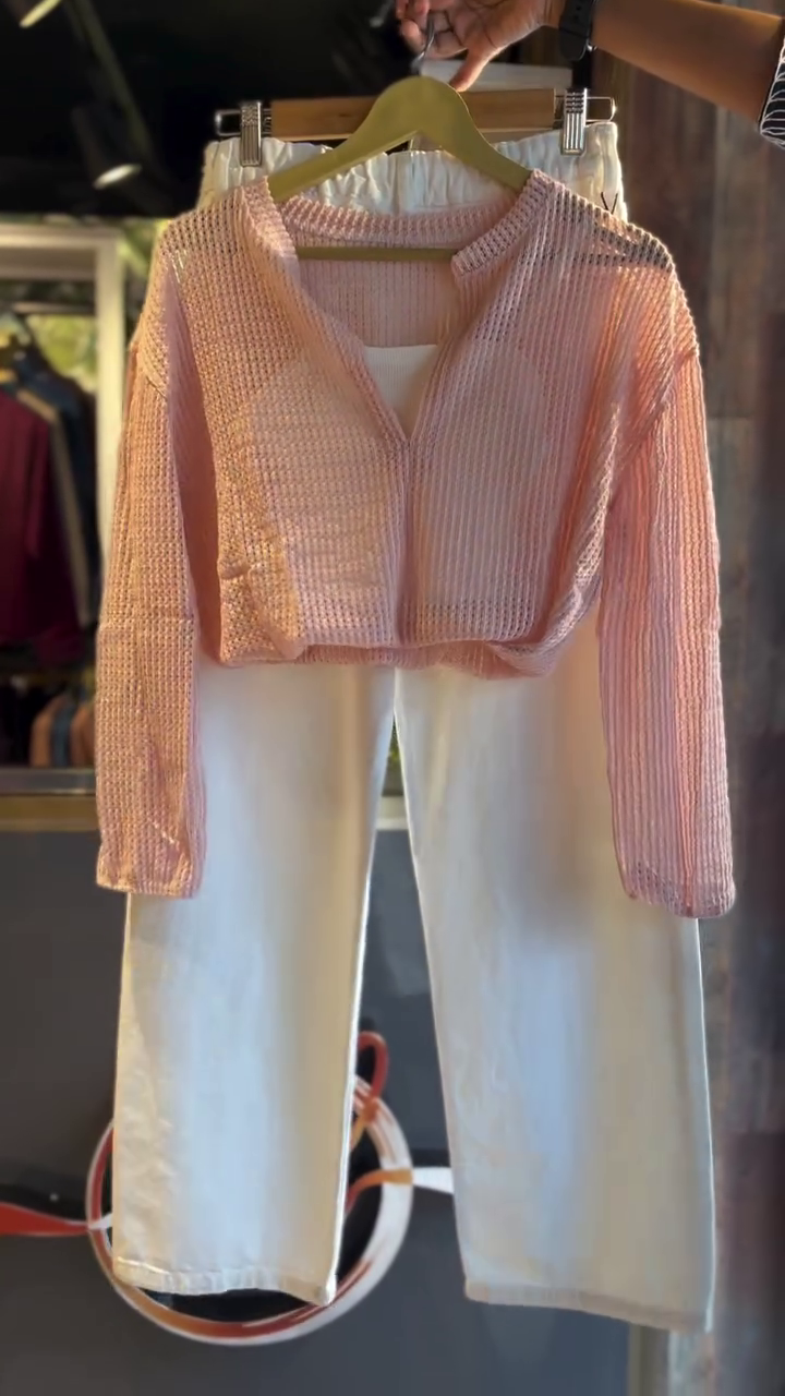 Blush Pink Sheer Textured Overshirt with White Tank and Wide-Leg Linen Pants Combo πΈπ