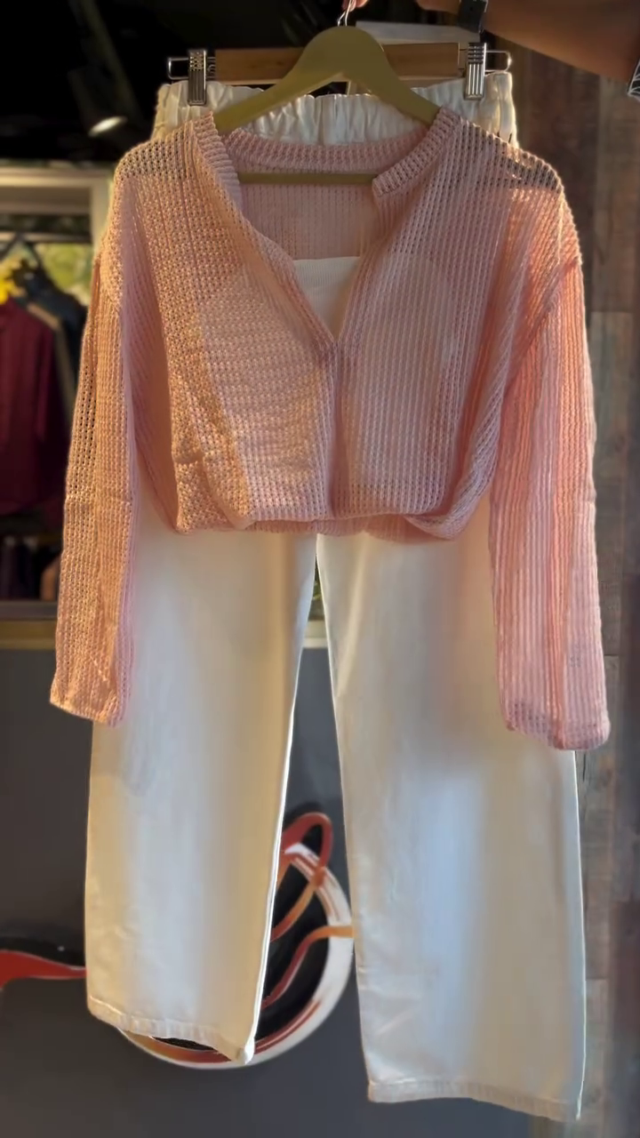 Blush Pink Sheer Textured Overshirt with White Tank and Wide-Leg Linen Pants Combo πΈπ - Image 3
