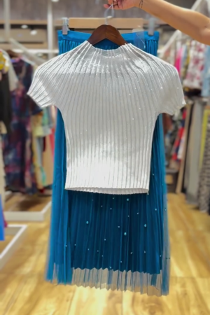 Sparkling White Ribbed Knit Top with Electric Blue Beaded Tulle Skirt ✨💙