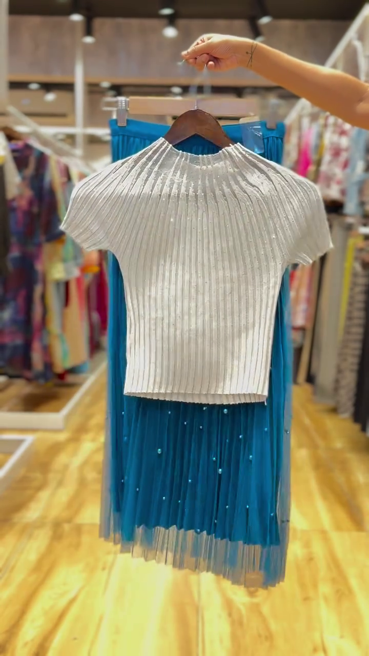 Sparkling White Ribbed Knit Top with Electric Blue Beaded Tulle Skirt ✨💙 - Image 2
