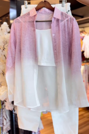 Ombre Pink & White Sheer Button-Up Shirt with White Inner Tank and Tapered Trousers 🌷👔