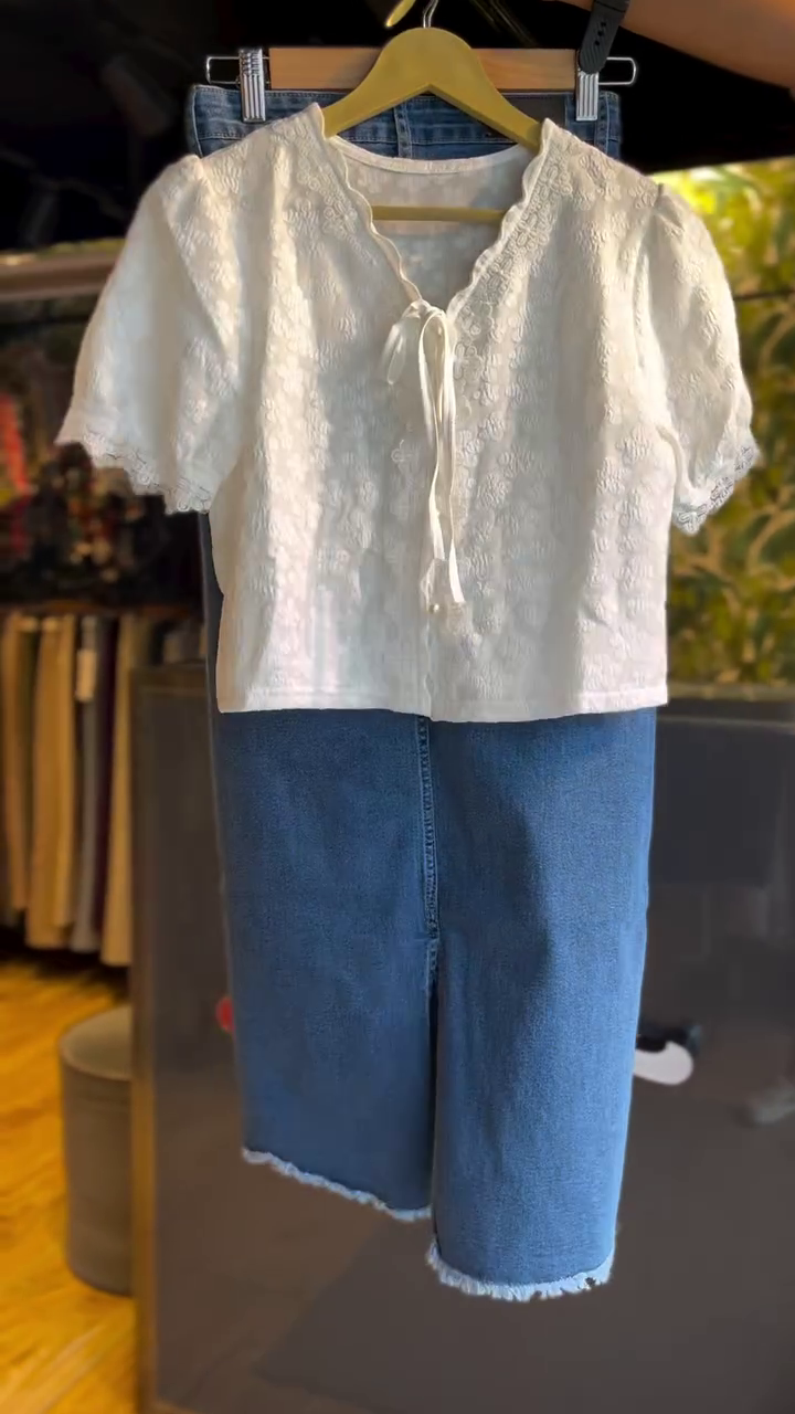 Ivory Embroidered Crop Blouse with Denim Bermuda Shorts – Vintage Summer Chic 🏵️👖