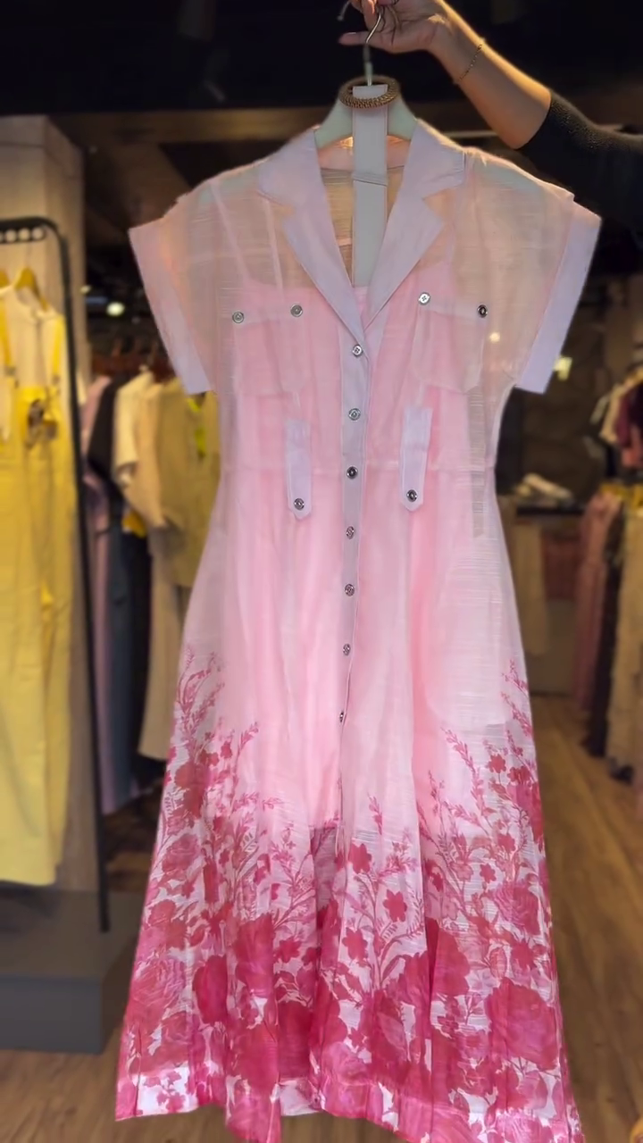Elegant Blush Pink A-Line Shirt Dress with Floral Hem and Utility Pocket Detail β Lightweight Semi-Sheer Cotton Blend with Full Front Button Closure and Dual Chest Flaps β Perfect for Spring Brunches & Summer Daywear πΊπ"