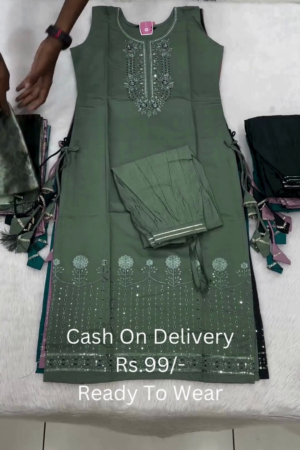 Teal Green Sleeveless Embroidered Kurti Set with Printed Dupatta