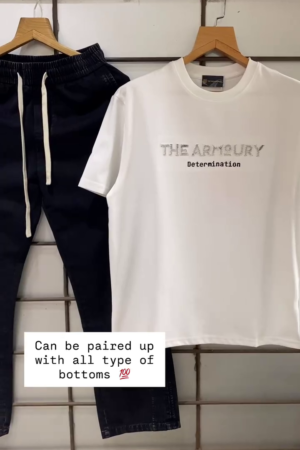 White “The Armoury Determination” Graphic Tee with Black Joggers – Minimalist Streetwear Combo ⚪🖤🔥