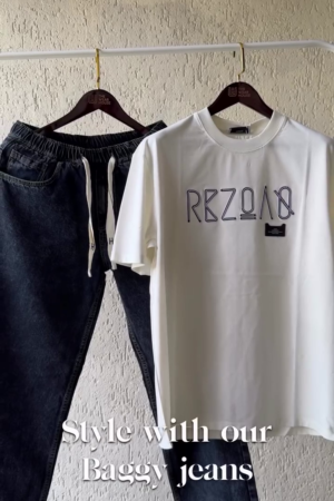 🧢✨RBZQAO Signature White Oversized Graphic T-Shirt with Premium Washed Black Baggy Jeans – Streetwear Combo Set for Men
