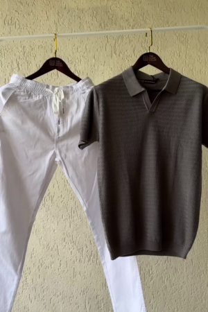 Monochrome Charm – Textured Grey Knit Collar Polo with Crisp White Drawstring Cotton Pants for Men
