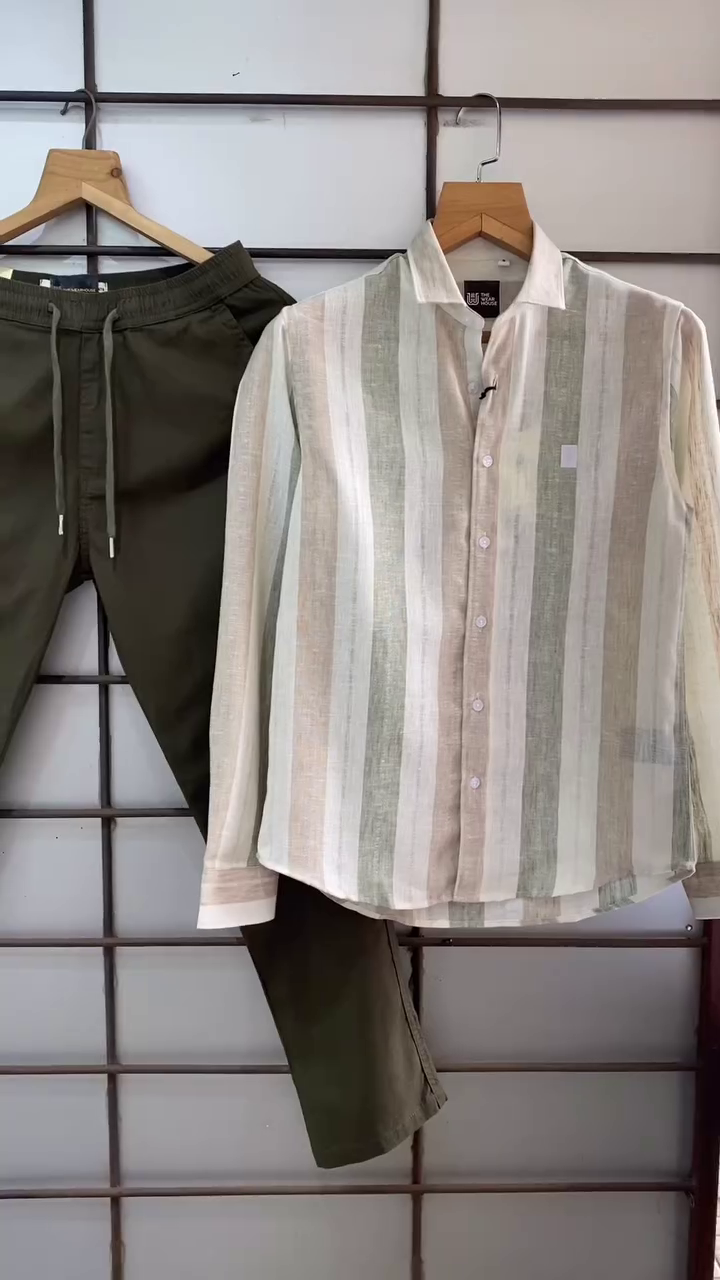 🤎🤍 Earth Tone Elegance – Multi-Stripe Linen Blend Shirt with Stretchable Brown Tapered Jogger Pants for Men - Image 5