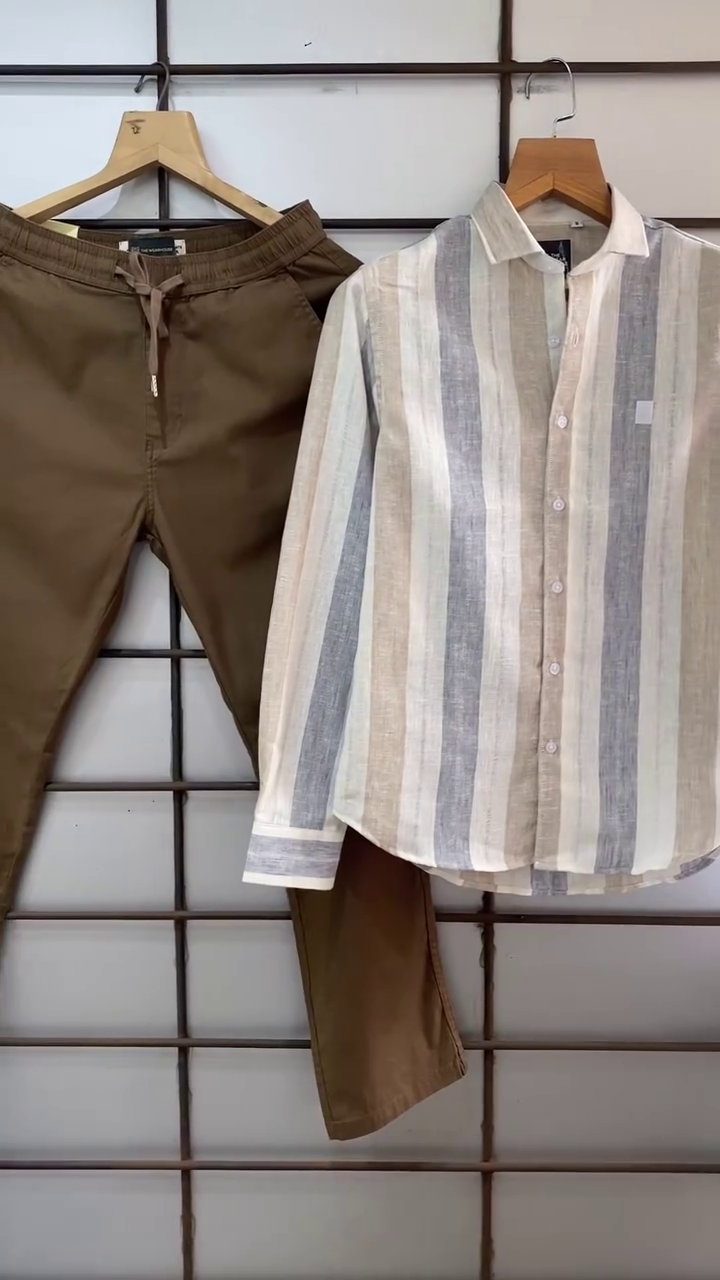 🤎🤍 Earth Tone Elegance – Multi-Stripe Linen Blend Shirt with Stretchable Brown Tapered Jogger Pants for Men - Image 4