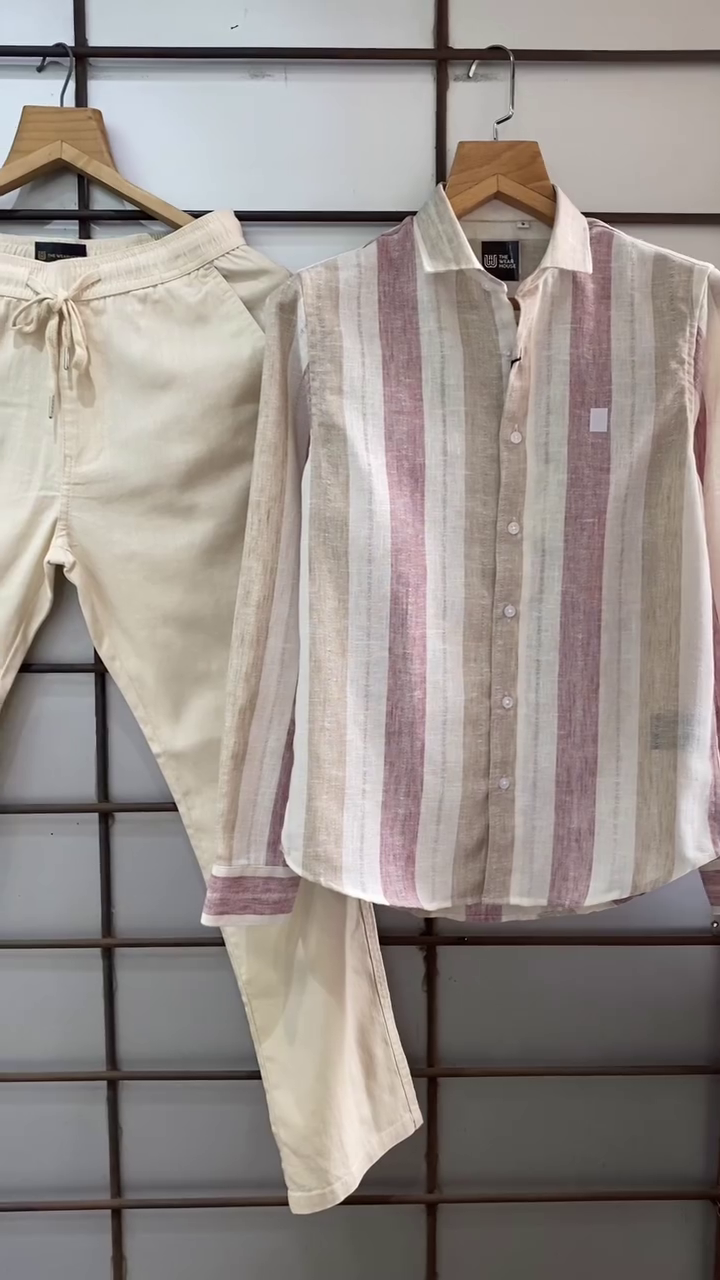 🤎🤍 Earth Tone Elegance – Multi-Stripe Linen Blend Shirt with Stretchable Brown Tapered Jogger Pants for Men - Image 3