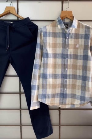 🤎🤍 Earth Tone Elegance – Multi-Stripe Linen Blend Shirt with Stretchable Brown Tapered Jogger Pants for Men