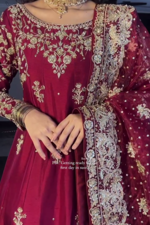 Deep Maroon Bridal Anarkali with Heavy Golden Zari Embroidery & Net Dupatta ✨👑💃