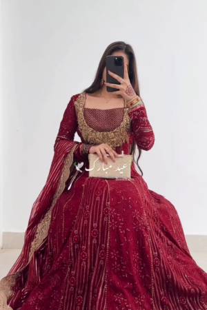 🌹 Traditional Maroon Red Hand-Embroidered Velvet & Net Bridal Anarkali with Golden Zari, Mirror, and Sequin Work Paired with Embellished Dupatta 🌹