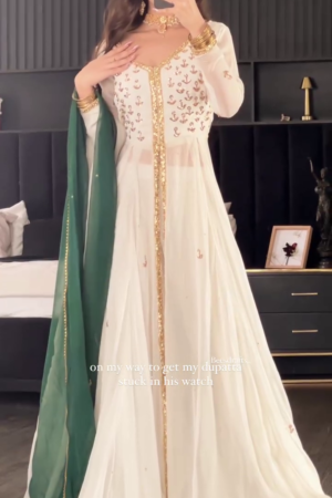 Royal White & Gold Anarkali Dress with Embroidered Bodice, Golden Sequin Border & Contrast Green Dupatta – A Timeless Ethnic Outfit for Festive & Wedding Celebrations