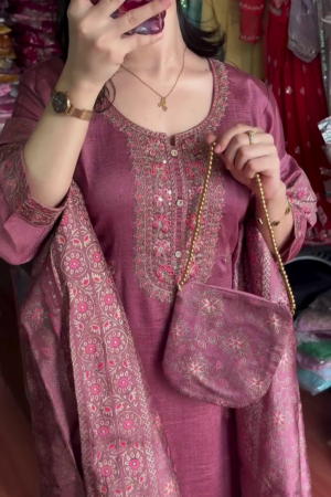 Pink Ethnic Motifs Printed Straight Sequinned Organza Kurta with Trousers & Dupatta