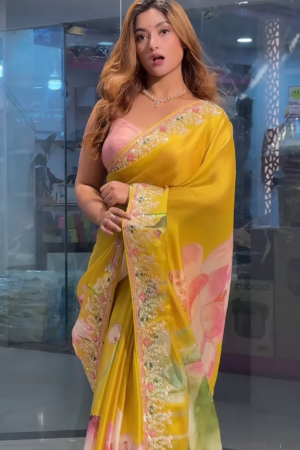 Yellow Tussar Saree With Handwork Floral Border