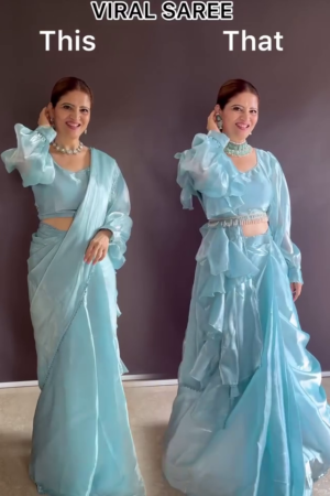 💫 Ready-To-Wear Ruffle Saree In Jimmy Choo Fabric With Chic Ruffle Pallu, Border Lace Detailing & Stitched Blouse – Perfect For Elegant Celebrations