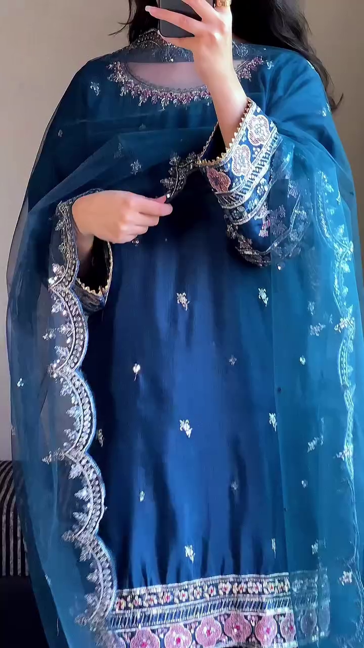 Deep Teal Embroidered Georgette Suit with Intricate Thread Work 💙🌺 - Image 5