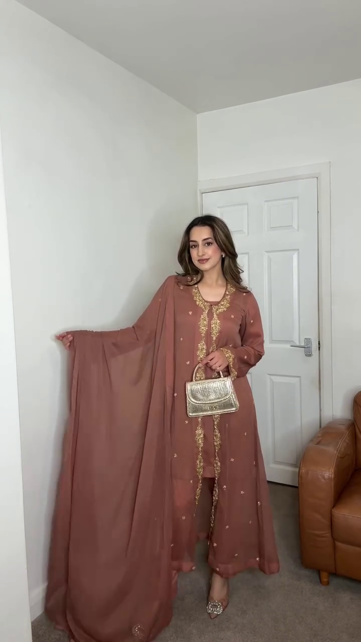Dusty Rose Georgette Suit with Golden Embroidery 🌸✨ - Image 2