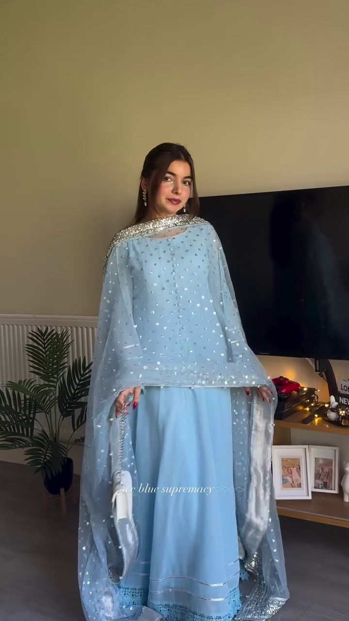 Ice Blue Net Embroidered Suit with Shimmer Detailing ❄️💎