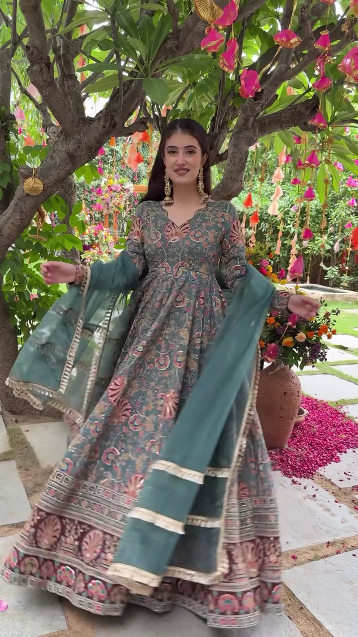 Teal Green Full-Length Anarkali with Intricate Mughal-Inspired Embroidery & Organza Dupatta 🌿✨ - Image 4