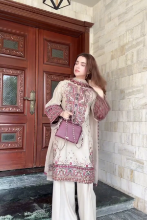 Cream Beige Embroidered Lawn Suit with Printed Borders & Maroon Detailing 🌸🤍
