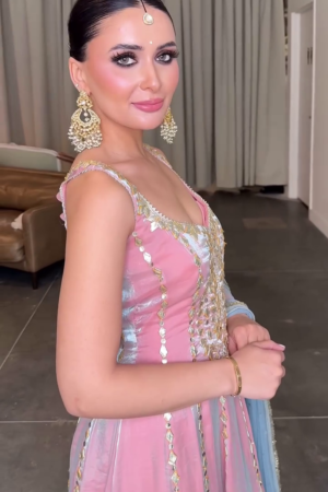 Elegant Pastel Pink & Sky Blue Designer Anarkali Gown