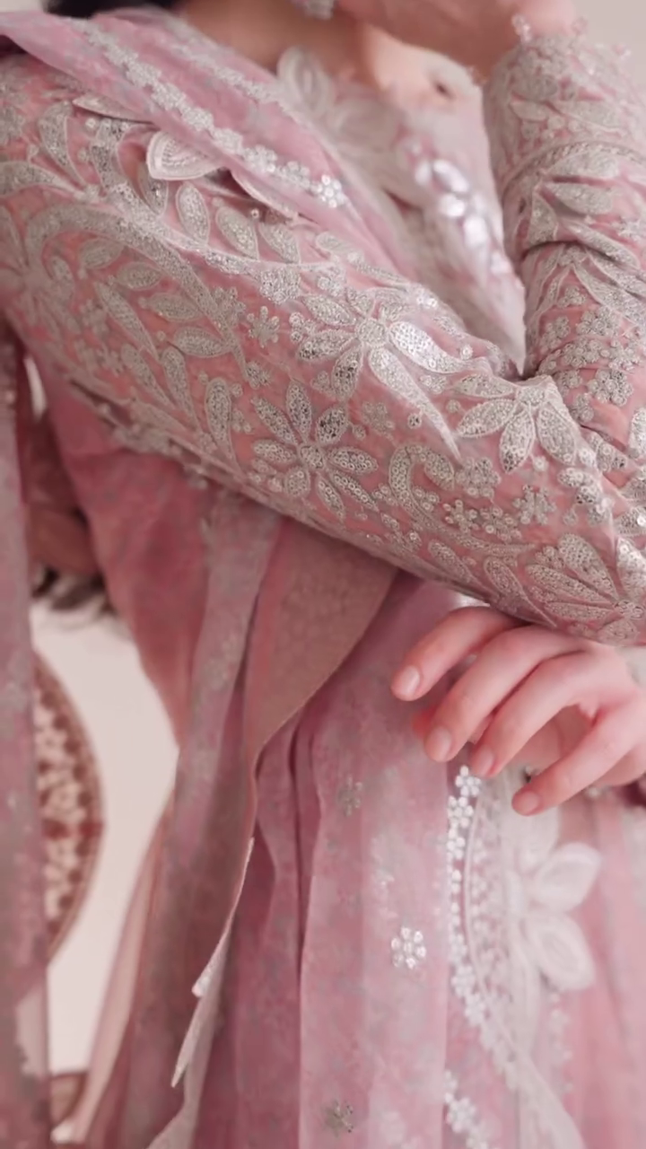 Dusty Rose Pink Embroidered Net Anarkali Gown - Image 4