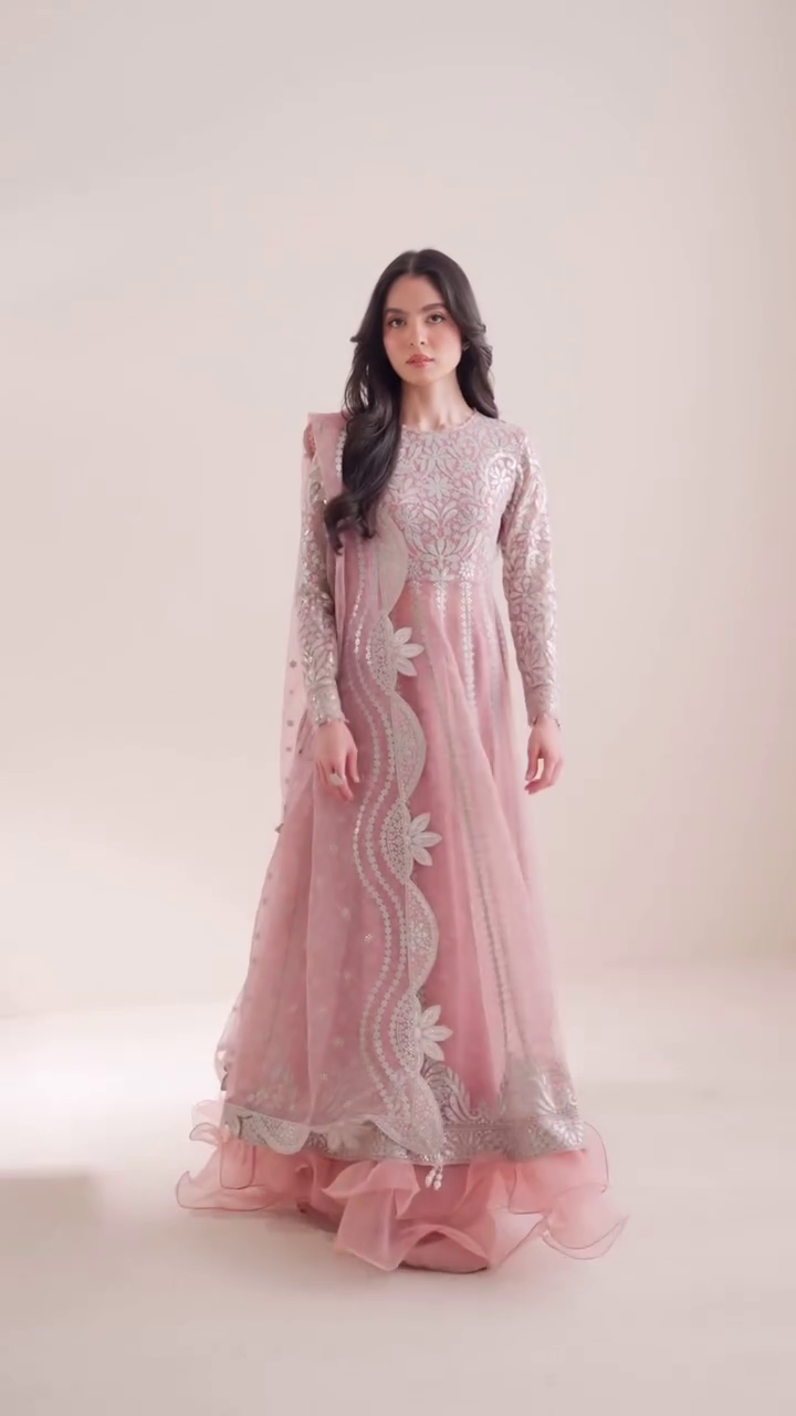 Dusty Rose Pink Embroidered Net Anarkali Gown - Image 3