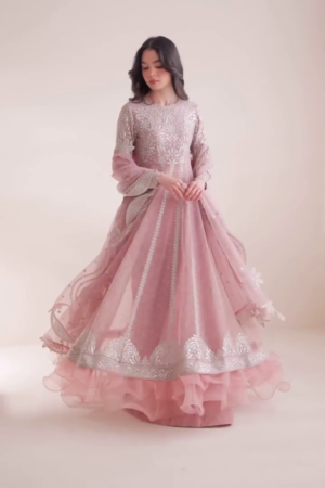 Dusty Rose Pink Embroidered Net Anarkali Gown