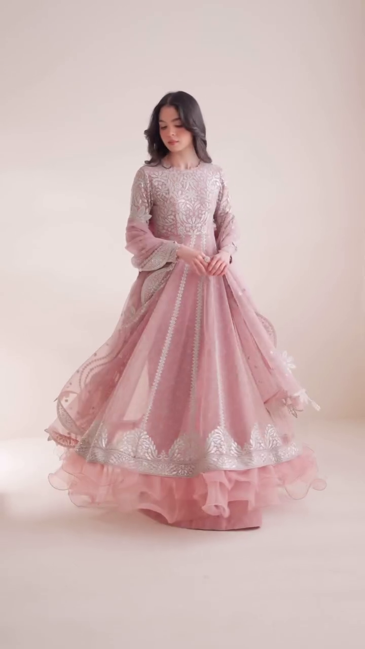 Dusty Rose Pink Embroidered Net Anarkali Gown