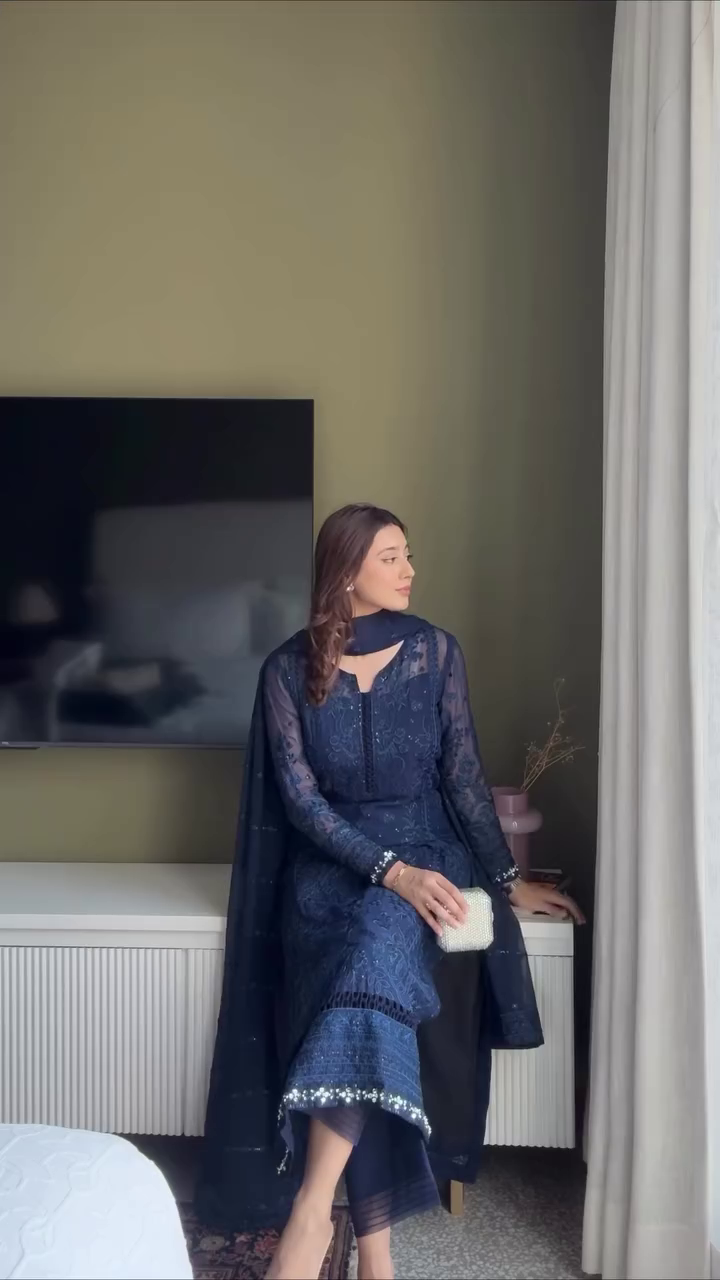 Midnight Blue Embroidered Georgette Anarkali Suit - Image 2